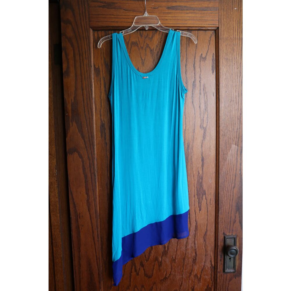 CALVIN KLEIN Dress Medium Aqua Blue Asymmetrical Sheer Ruffle Sleeveless Beach - Picture 2 of 16